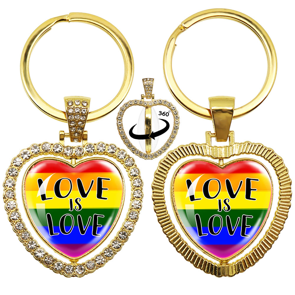 Wholesale LGBT Rainbow Rhinestone Heart Shaped 360 Degree Rotating Double Sided Metal Keychain